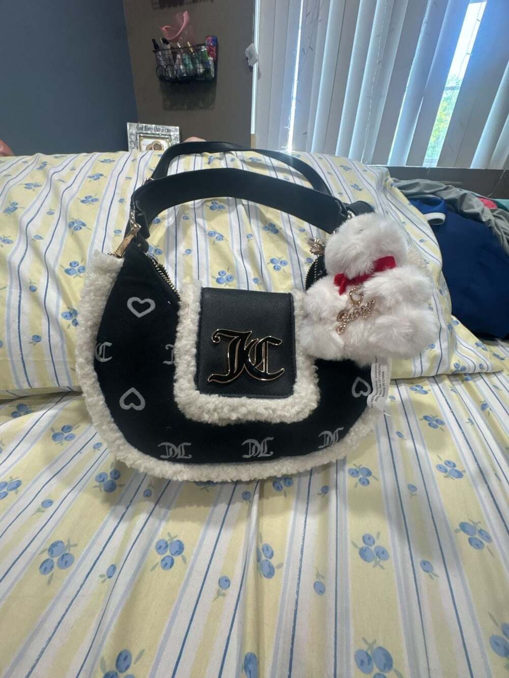 Juicy Couture Black Heart Print Faux Fur Trim Shoulder Bag with Plush Charm